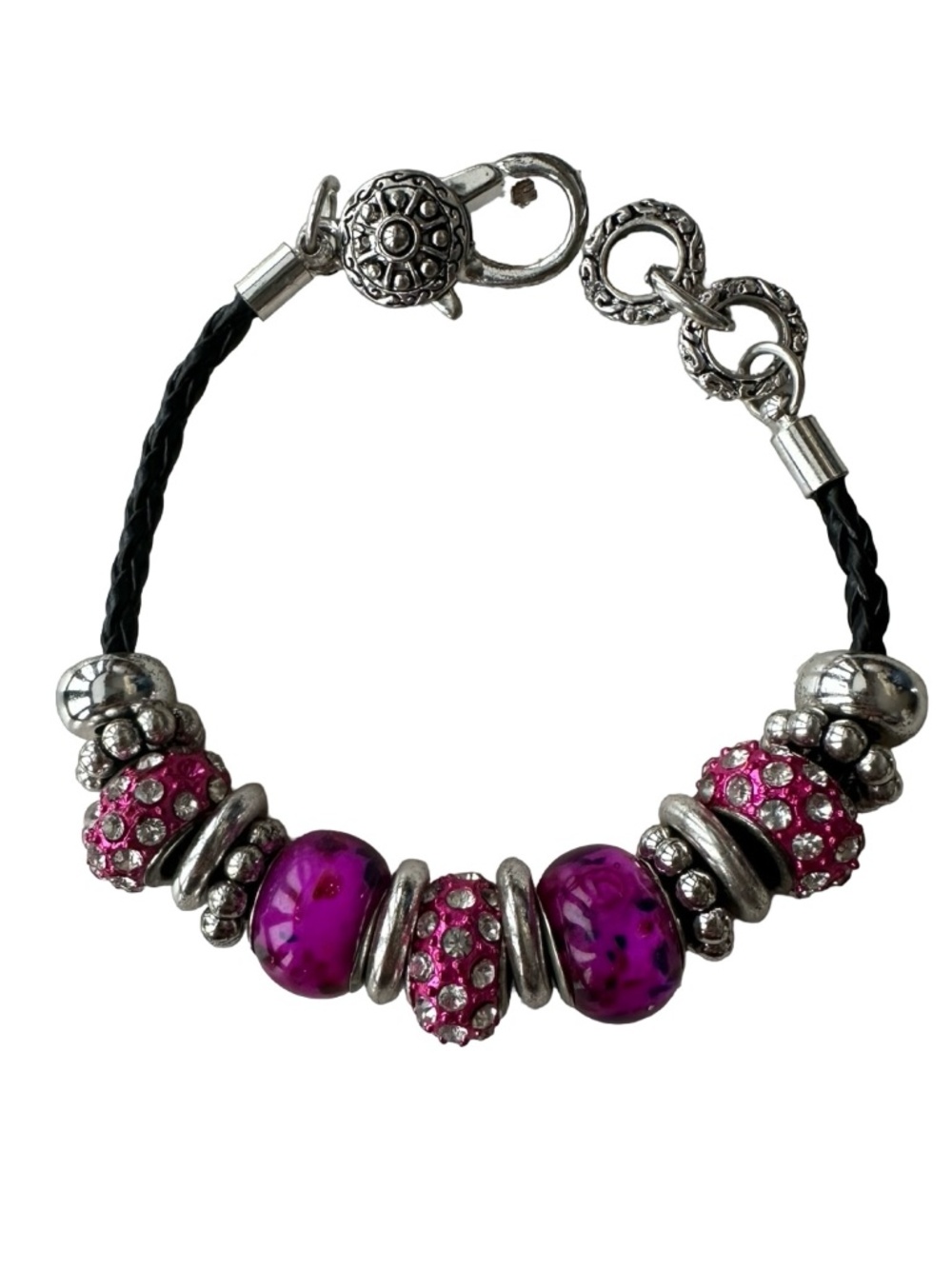 Black Braided Leather Pink Enamel Beads Bracelet 8” Crystals